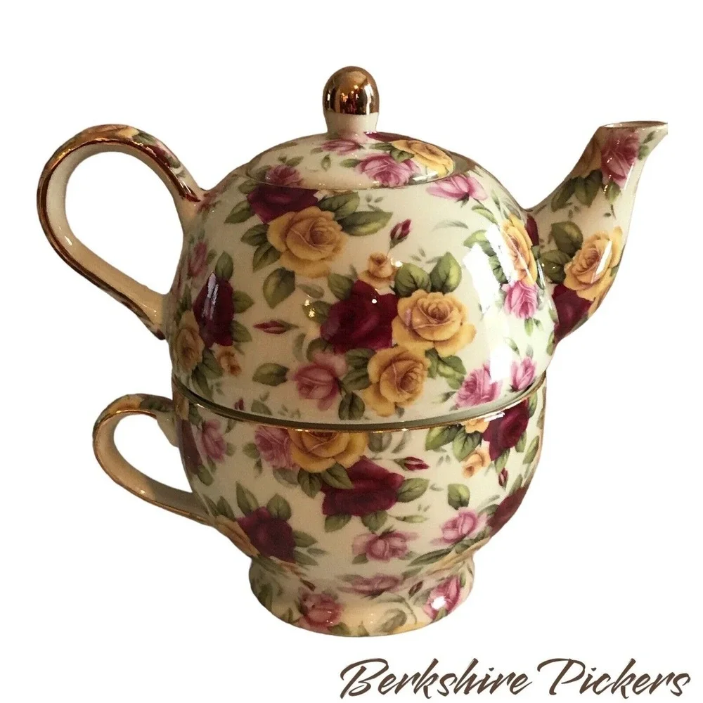 Chintz Floral stacking teapot and cup made in the PRC‎